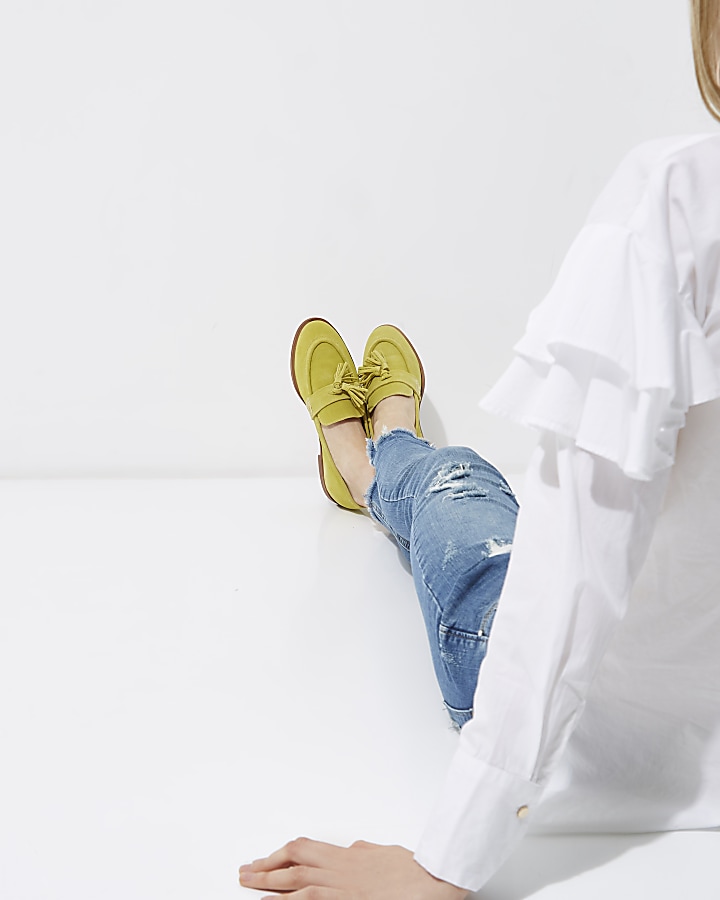 Yellow suede tassel loafers