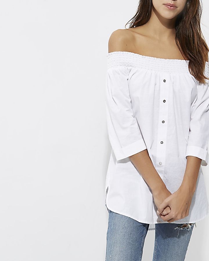 White shirred bardot button front shirt