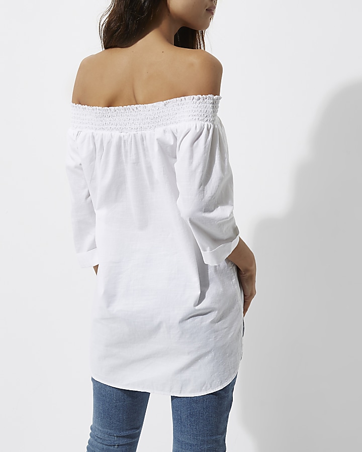 White shirred bardot button front shirt