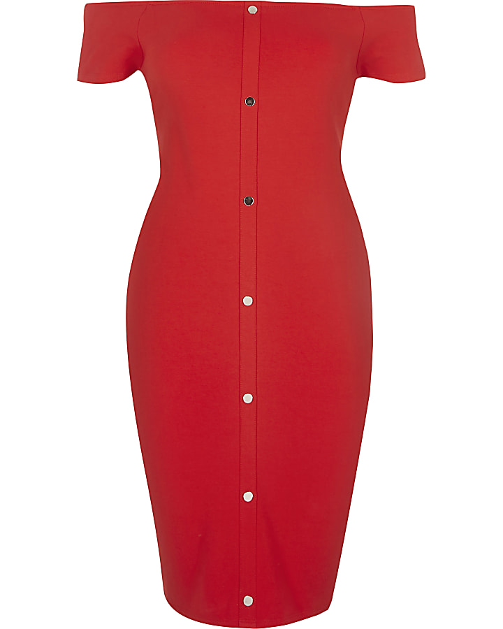 Red bardot popper front dress