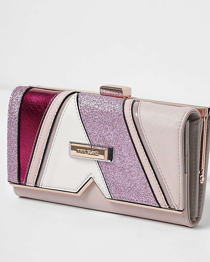 Pink glitter panel clip top purse