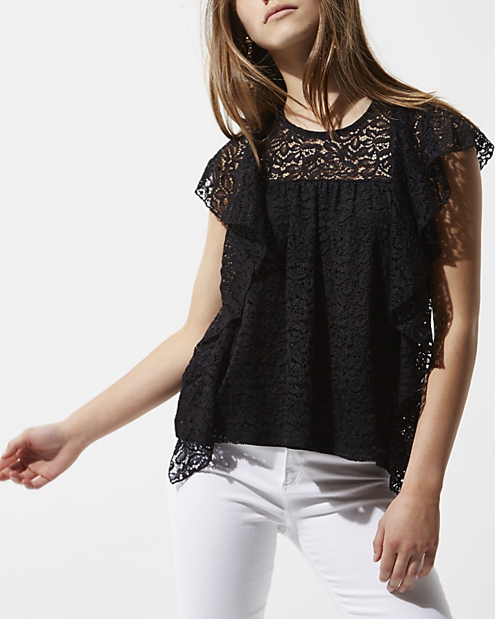 Petite black lace frill front top