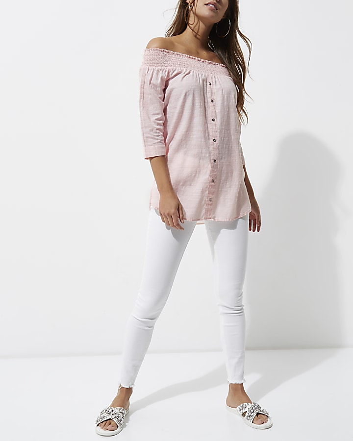 Light pink button front shirred bardot top