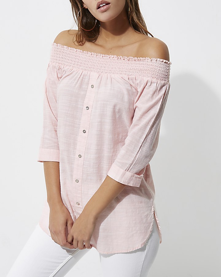 Light pink button front shirred bardot top