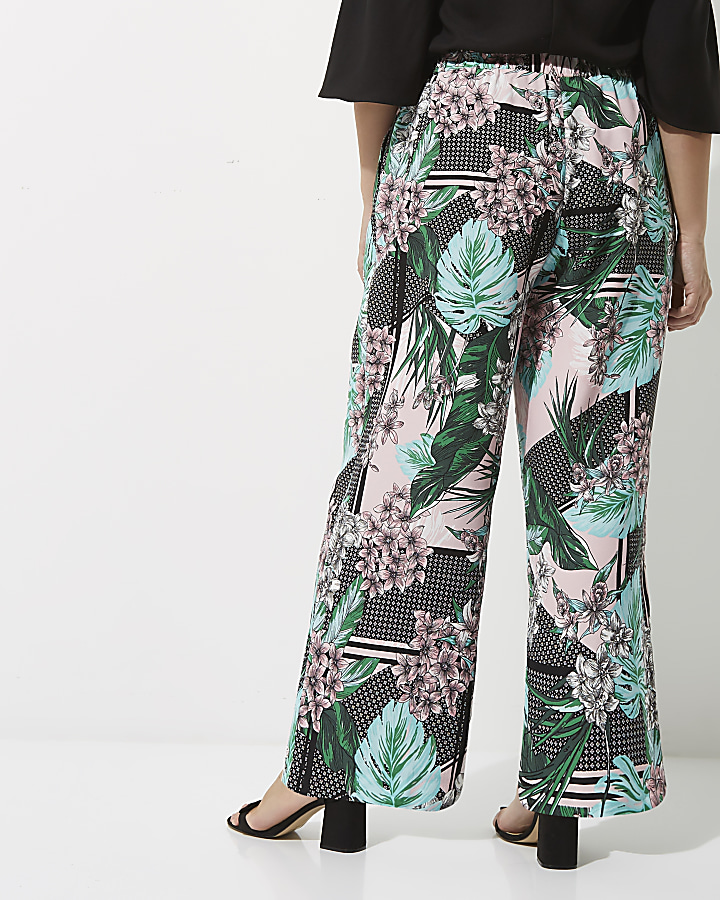 Plus green tropical print wide leg trousers