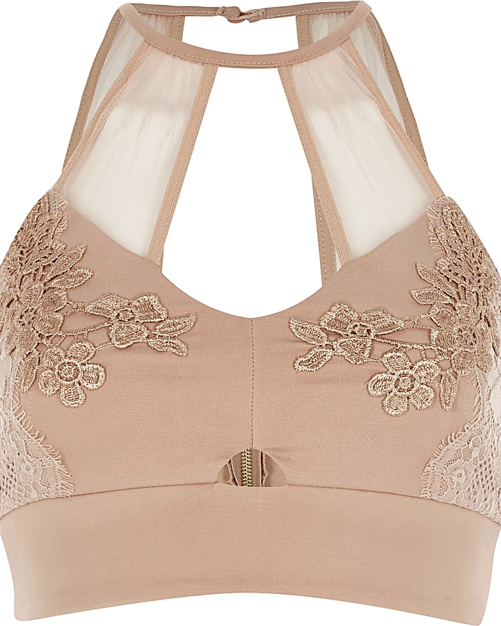 Petite nude pink lace and mesh bralet