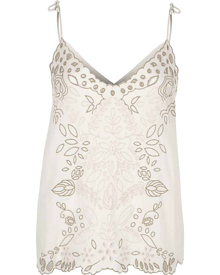 Cream embroidered cutwork bow cami top