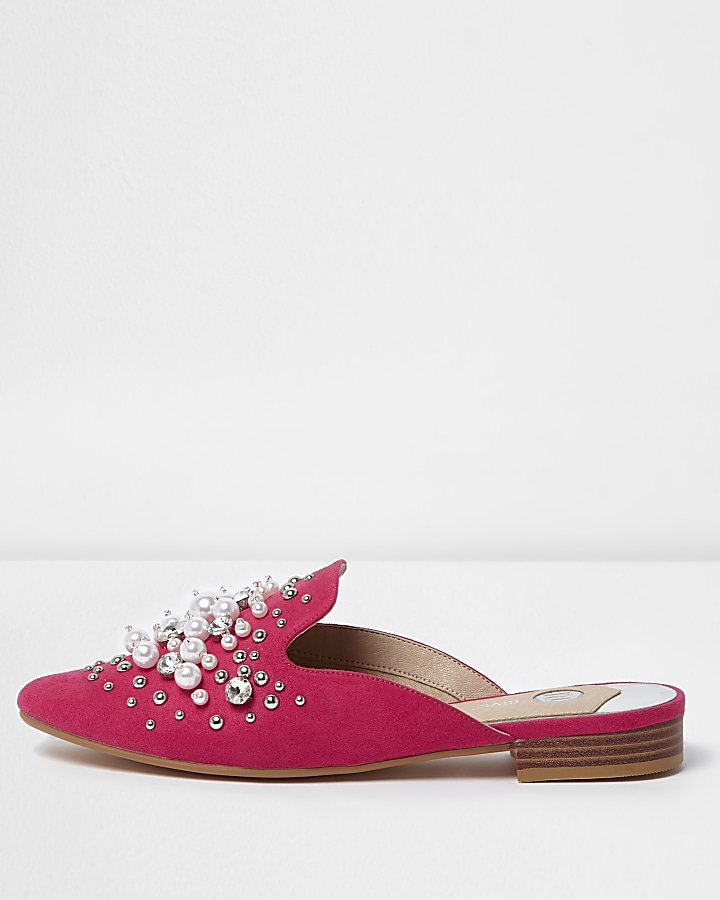 Pink faux pearl embellished backless loafers