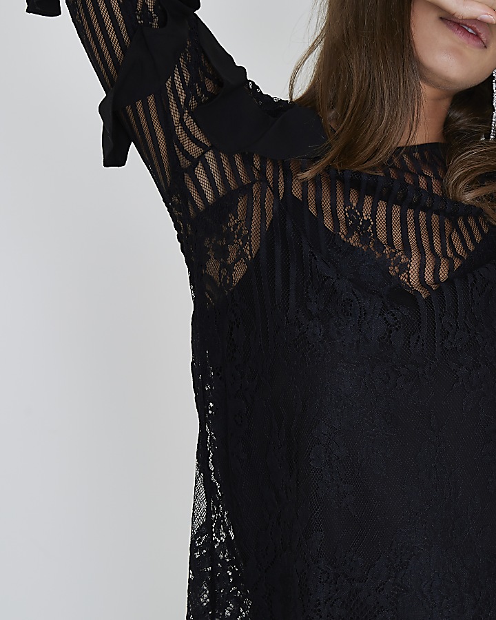 Black lace mesh long sleeve top