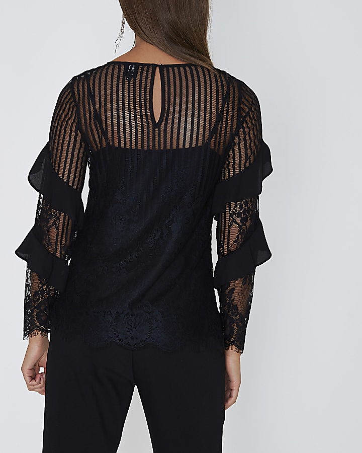 Black lace mesh long sleeve top