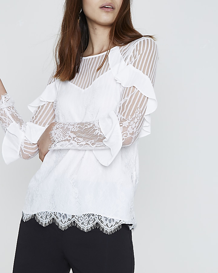 White lace mesh long sleeve top