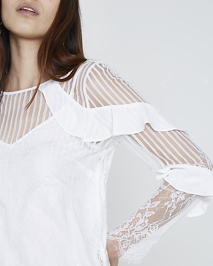 White lace mesh long sleeve top
