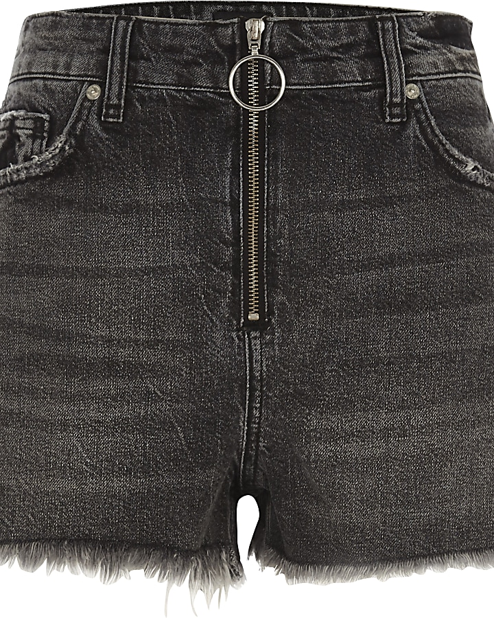 Black zip front high waisted denim shorts