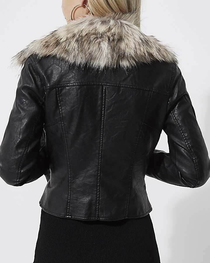 Petite black faux fur collar biker jacket