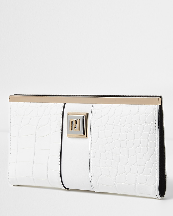 White croc embossed slim foldout purse