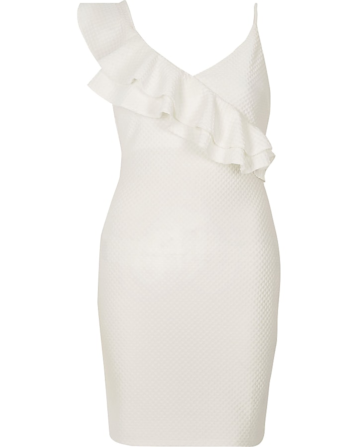 Petite white asymmetric frill bodycon dress