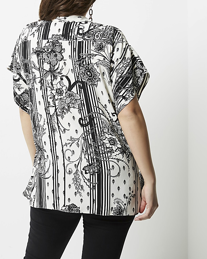 Plus black mono floral print oversized shirt