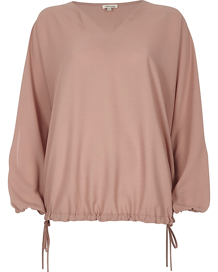 Light pink textured ruched sleeve top