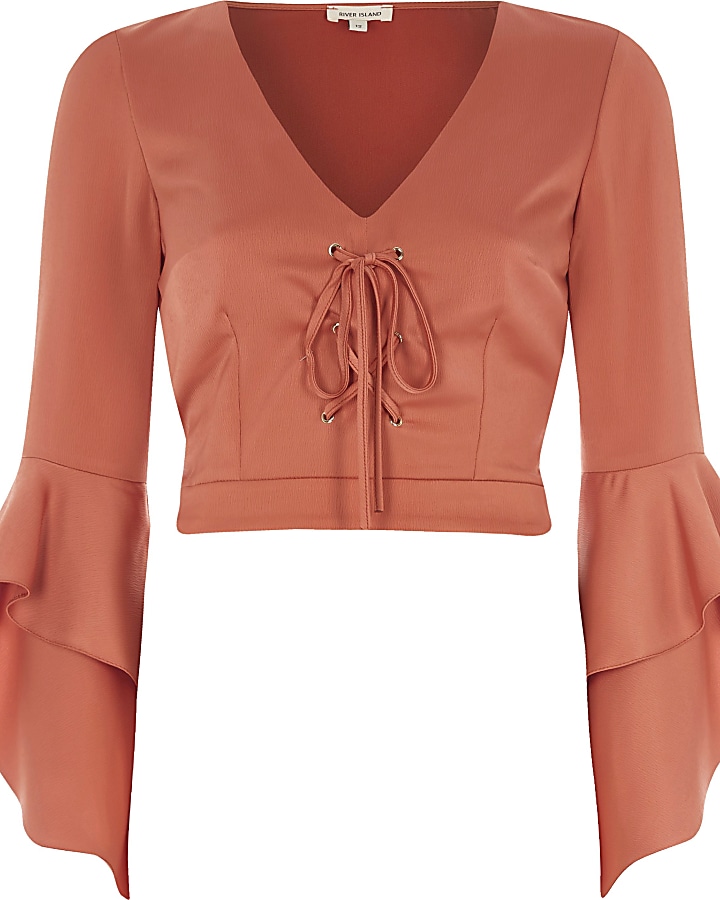 Copper lace-up frill sleeve crop top