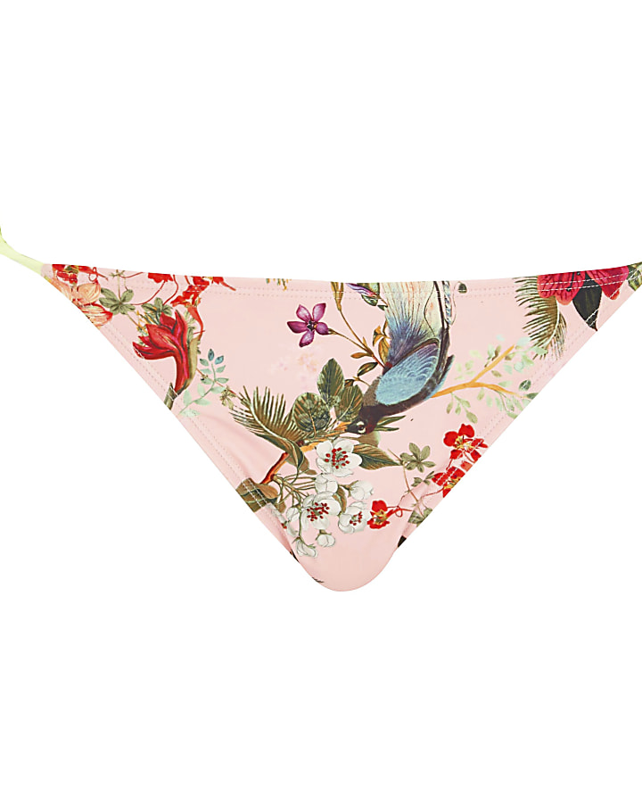 Pink floral print tie side bikini bottoms