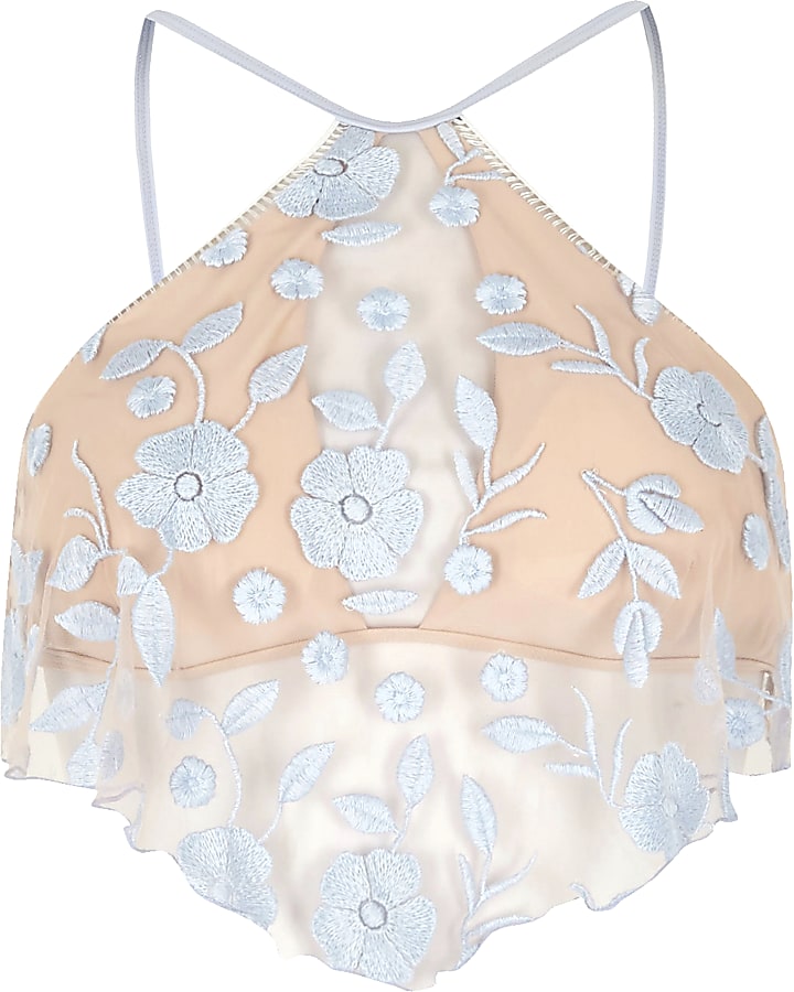 Blue mesh floral lace high neck bikini top