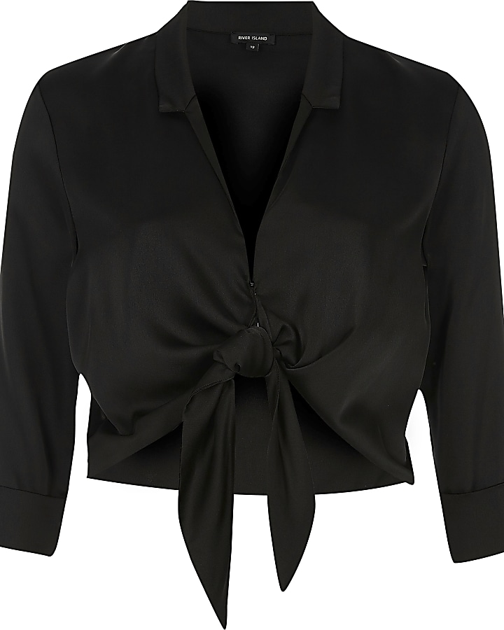 Black satin tie front cropped shirt