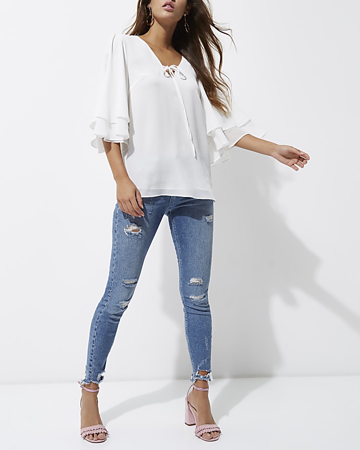 White dobby tiered frill sleeve top