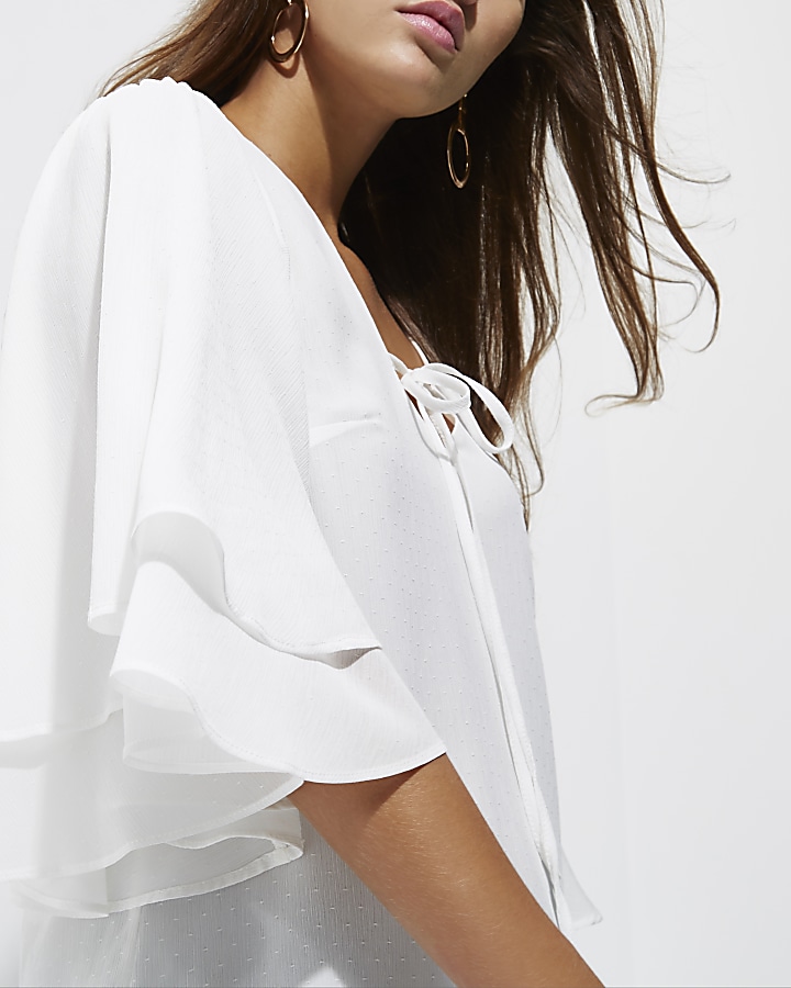 White dobby tiered frill sleeve top