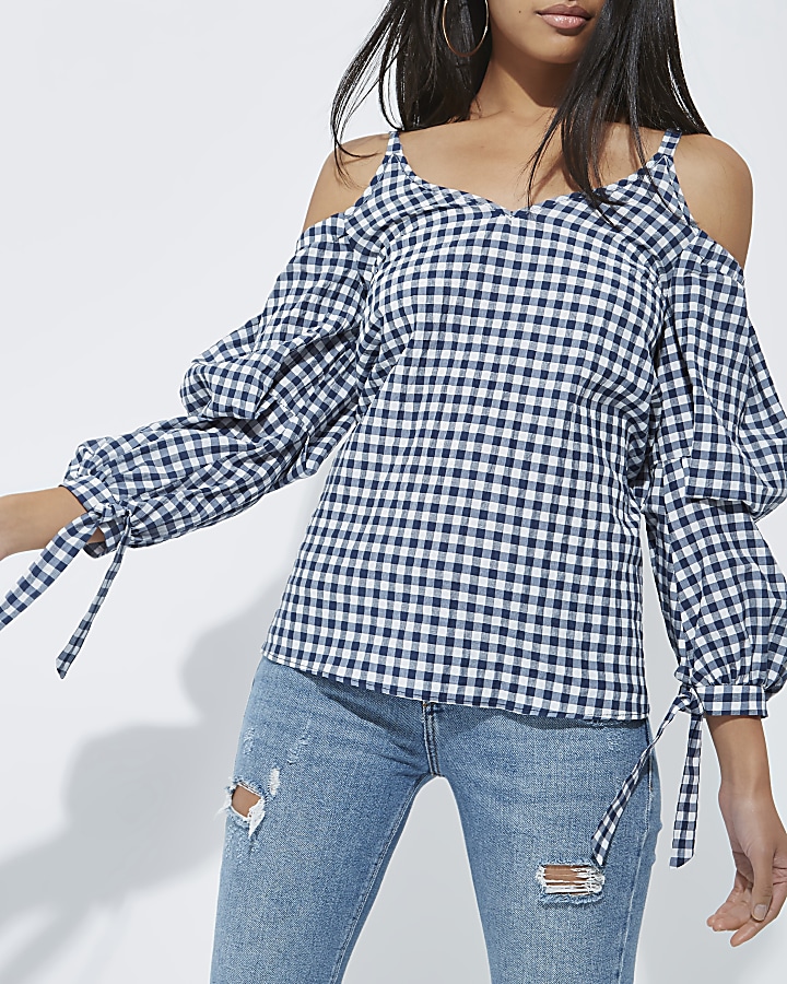 Navy gingham puff sleeve cold shoulder top