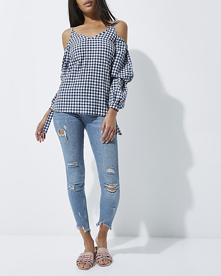 Navy gingham puff sleeve cold shoulder top