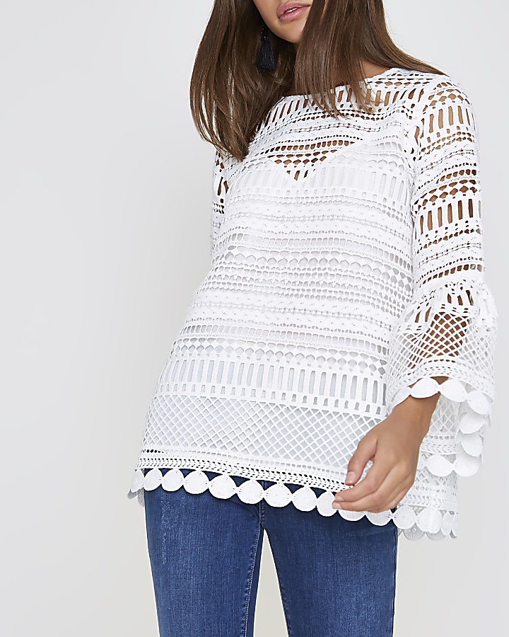 White lace bell sleeve tunic top