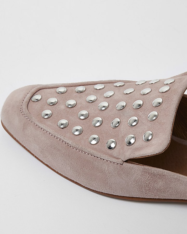 Pink suede studded backless loafers