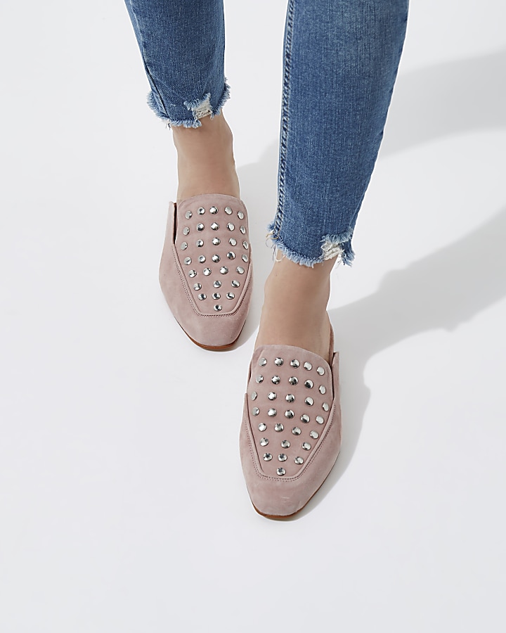 Pink suede studded backless loafers