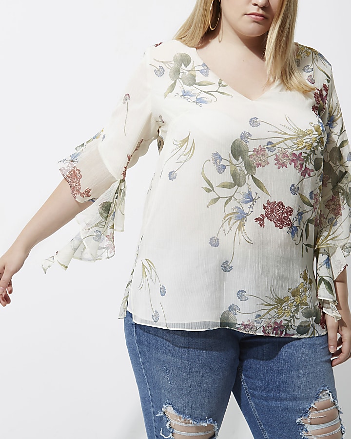 Plus cream floral print frill sleeve top