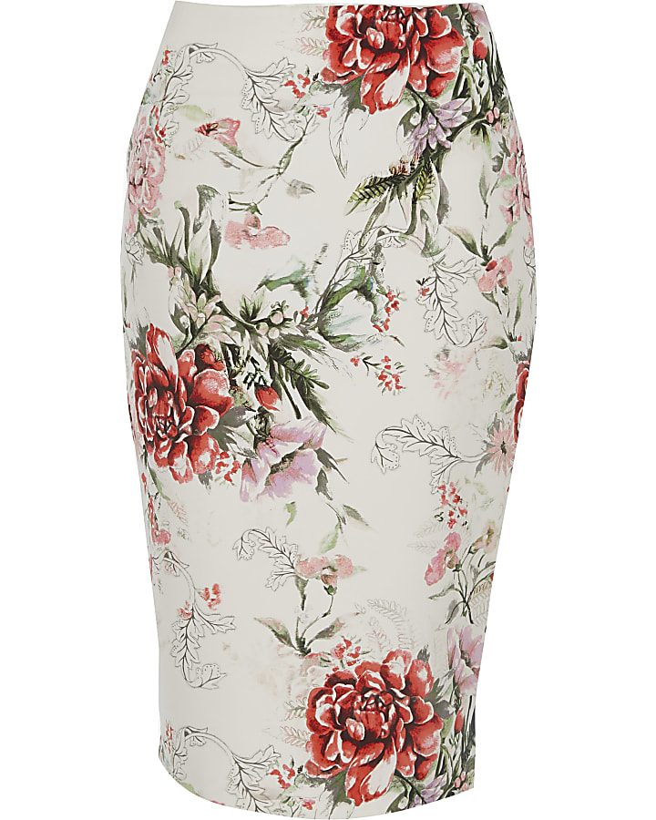 Cream floral print pencil midi skirt