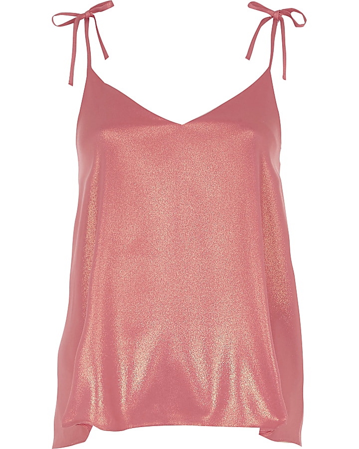 Pink metallic bow shoulder cami top