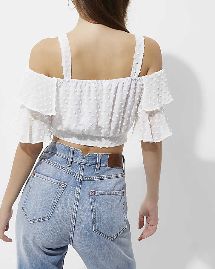 White dobby cold shoulder frill crop top