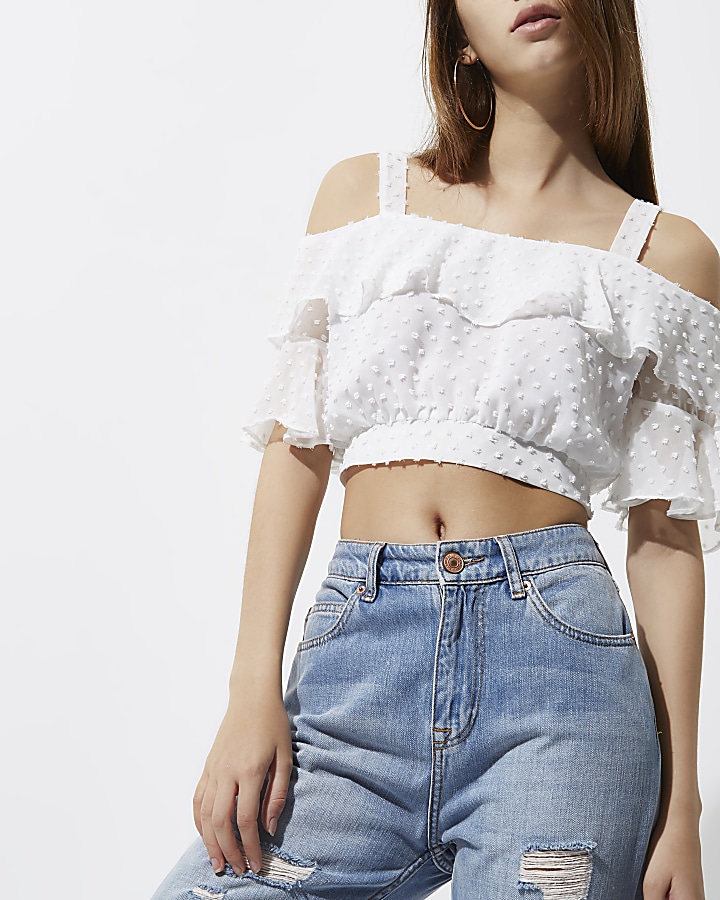 White dobby cold shoulder frill crop top