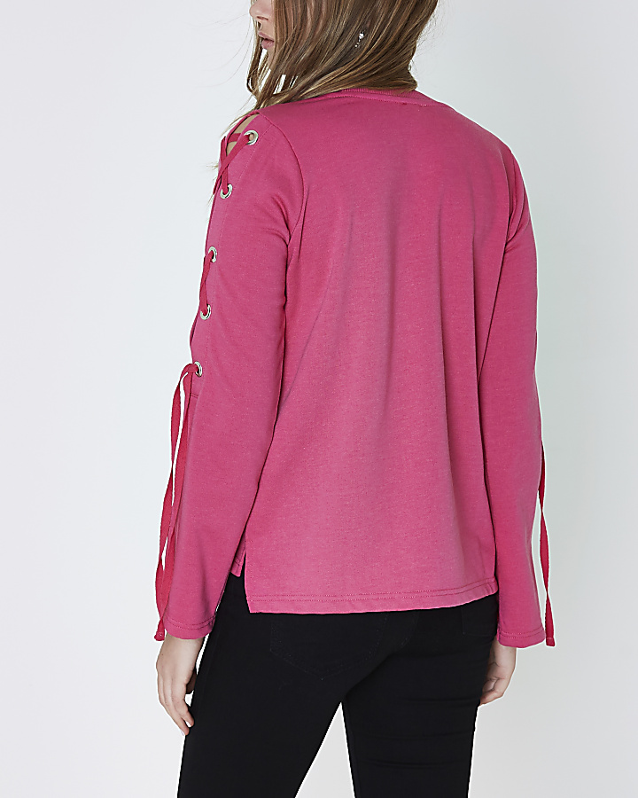 Pink lace-up sleeve sweatshirt