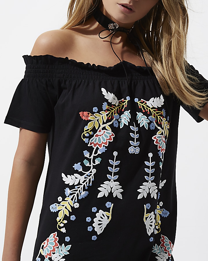 Black floral print oversized bardot top