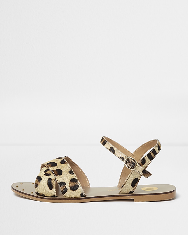 Brown leopard print leather sandals