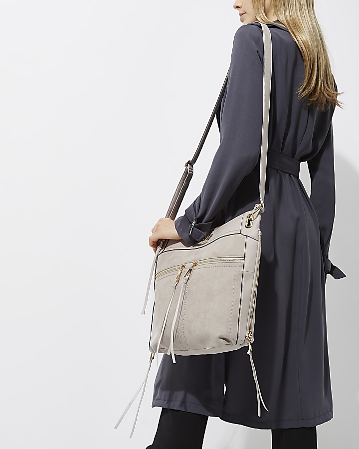 Grey zip front cross body messenger bag