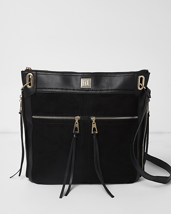 Black zip pocket messenger bag