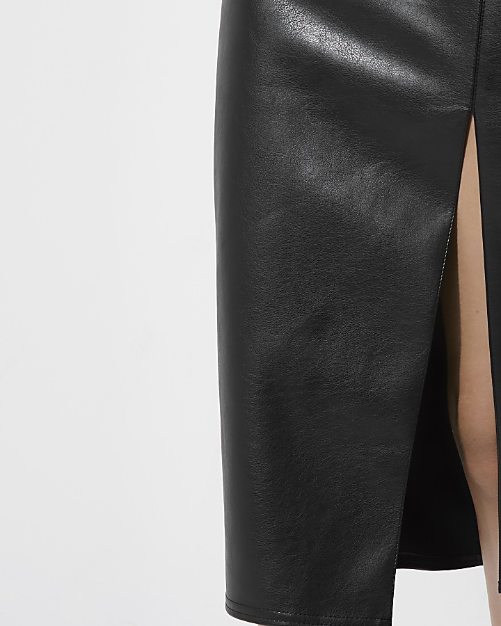 Black faux leather side split pencil skirt