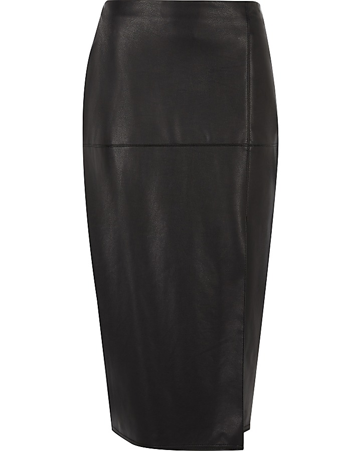 Black faux leather side split pencil skirt