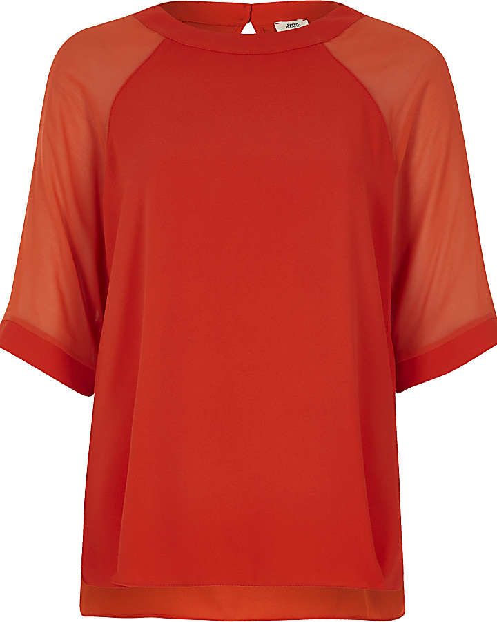 Red chiffon raglan sleeve T-shirt