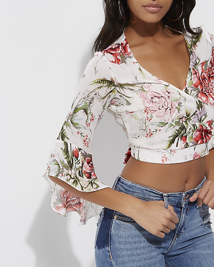 Cream floral wrap frill sleeve crop top