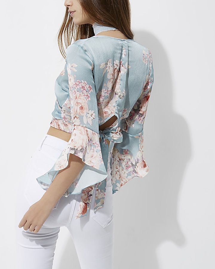 Blue floral wrap frill sleeve crop top