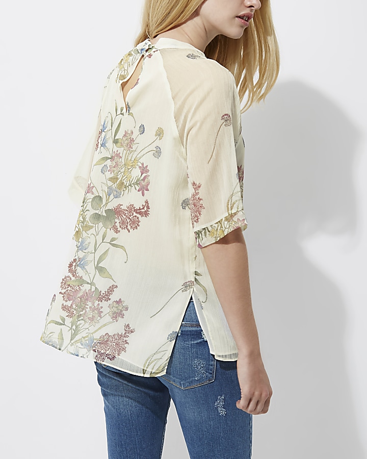 Cream floral print chiffon T-shirt