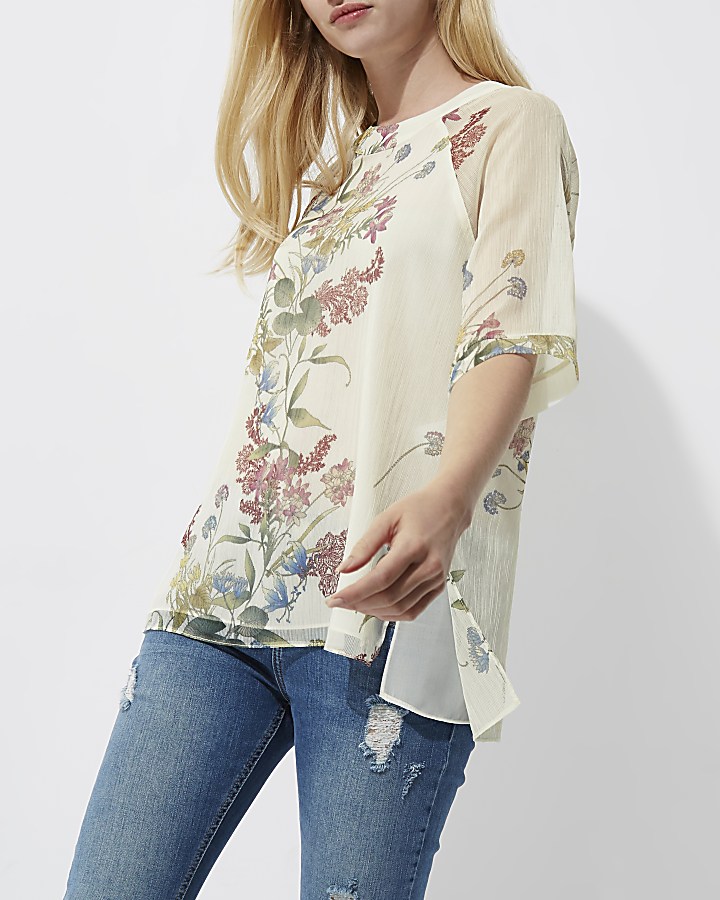 Cream floral print chiffon T-shirt
